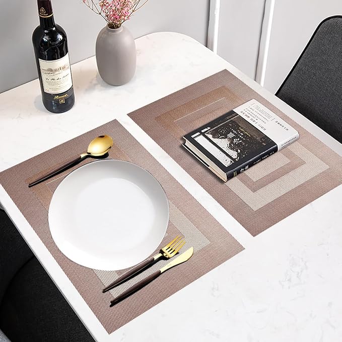 PIGCHCY Placemats,Heat Resistant Non Slip Durable Plastic Place Mats,Washable Easy to Clean Woven Vinyl Kitchen Placemats for Dining Table Set of 4 (Champagne)