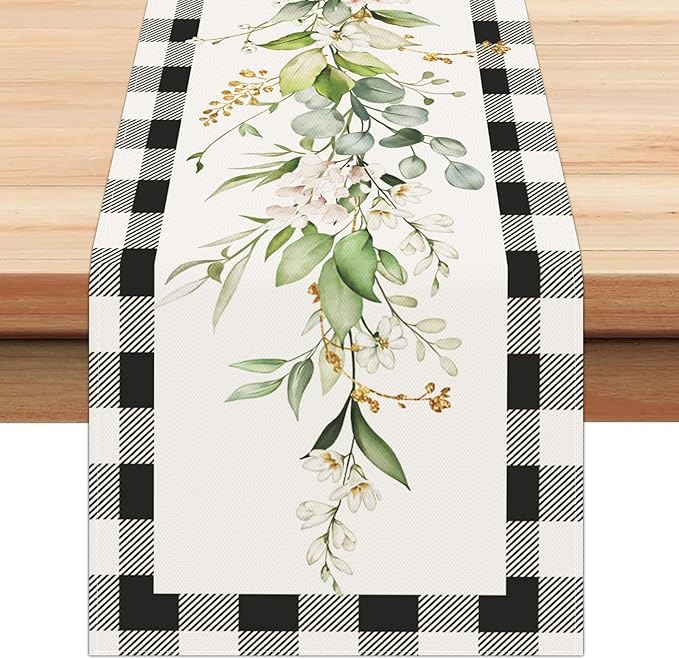 Bonhause Green Eucalyptus Leaves Flowers Table Runner 13x90 Inch Black White Buffalo Plaid Spring Plants Kitchen Dining Table Decoration for Indoor Outdoor Home Party Decor