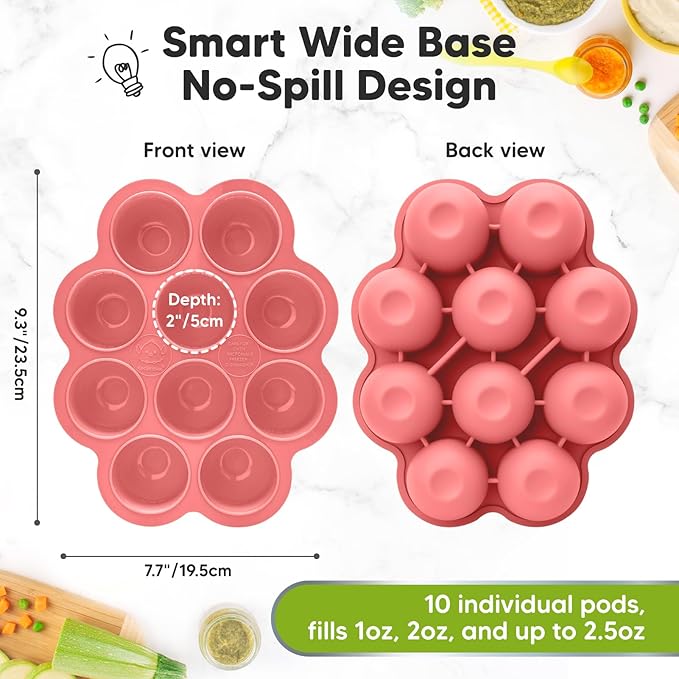 KeaBabies Silicone Food Freezer Trays with Lid, 2oz x 10 Pods Baby Food Storage Containers, Easy Puree Meal Prep, Breast Milk Silicone Freezer Molds, Dishwasher, Microwave Safe, BPA-Free (Blossom)
