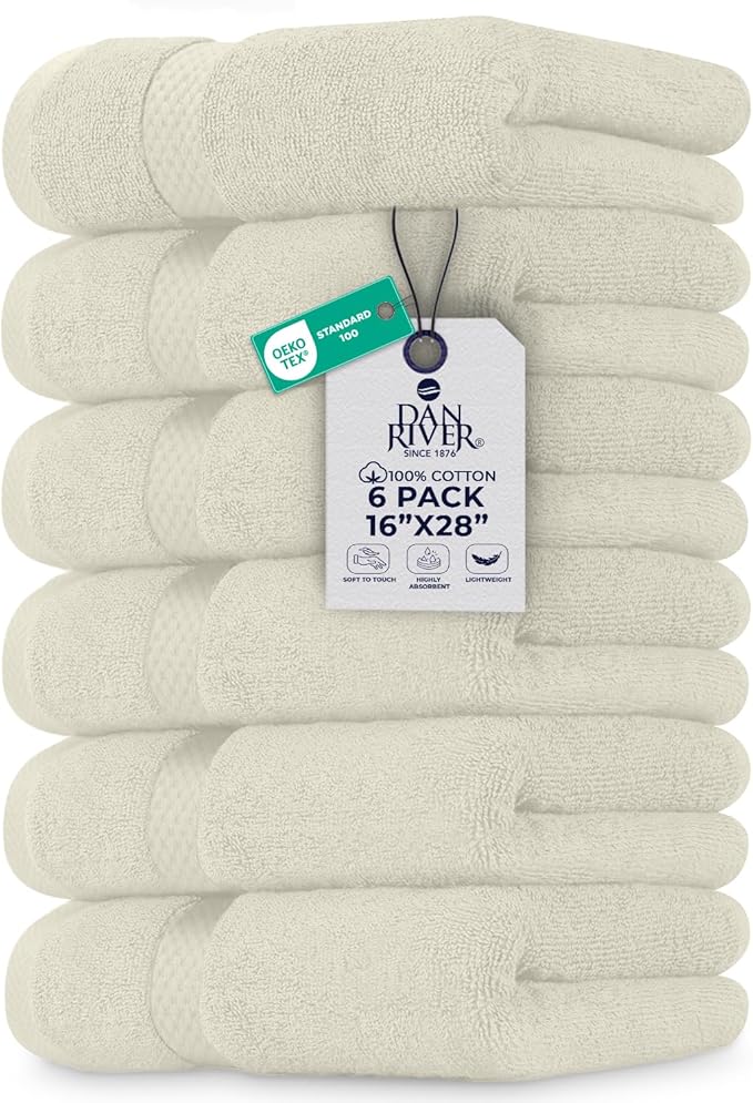 DAN RIVER 6-Pack Premium Hand Towels (16x28 Inches) - 100% Cotton, Ultra Soft, Lightweight, Highly Absorbent Towels for Bathroom, Spa, Gym, Salon, Hotel, and Travel - Ivory