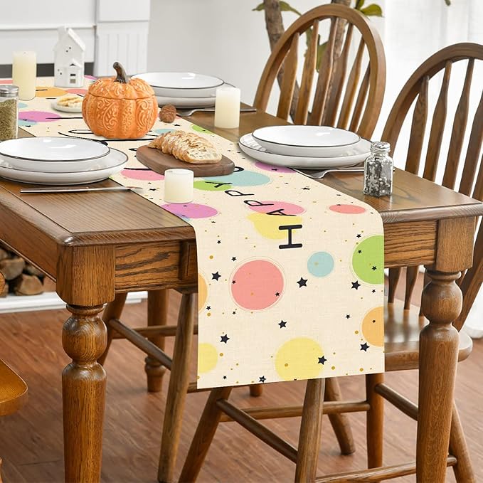 Happy Birthday Table Runner 13x72 Inch Colorful Circle Stars Farmhouse Polyester Linen Table Decoration for Kitchen Dinning, Indoor Outdoor Home Dinner Party (Rainbow)