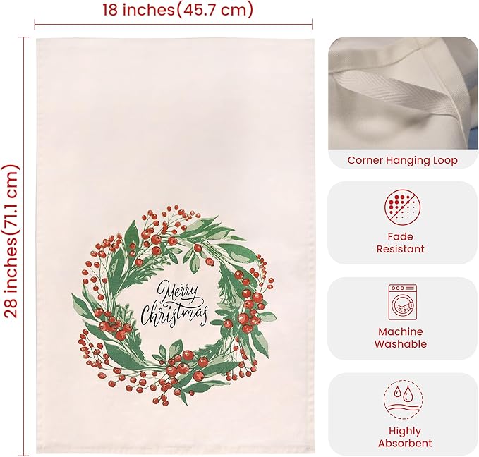 The Fine Living Co. 100% Cotton Kitchen Towels Set of 2, 18 x 28 inches, Merry Christmas Printed Dish Towels, Hand Towels, Boho Tea Towels - Multifunctional, Stylish, Absorbent, Quick Dry, Soft