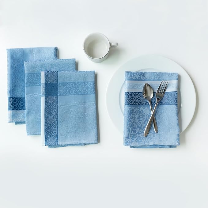Benson Mills Ravenna Yarn Dyed Jacquard Heavyweight Fabric Cloth Napkins, for Everyday, Parties, Weddings, Holiday, Spring, Summer, and Easter Tablecloths (18" x 18" Napkins Set of 4, Blue)