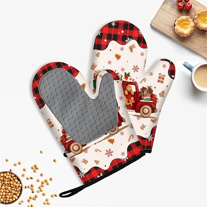 Christmas Gingerbread Oven Mitts Set of 3, Gingerbread Man Heat Resistant Silicone Non-Slip Kitchen Pot Holders for Baking & Cooking