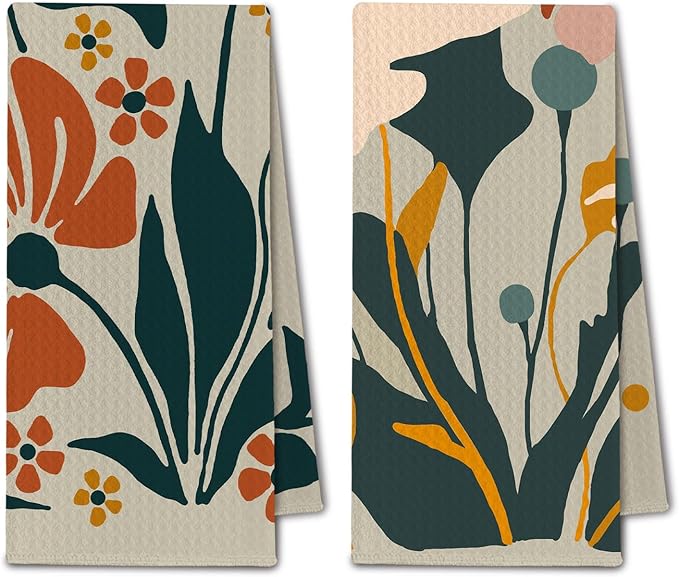 Abstract Boho Floral Kitchen Towels, Retro Wildflower Dish Towels Drying Cloth for Kitchen, Mid Century Modern Boho Decorative Hand Towels for Bathroom, 16x24 Inch Set of 2