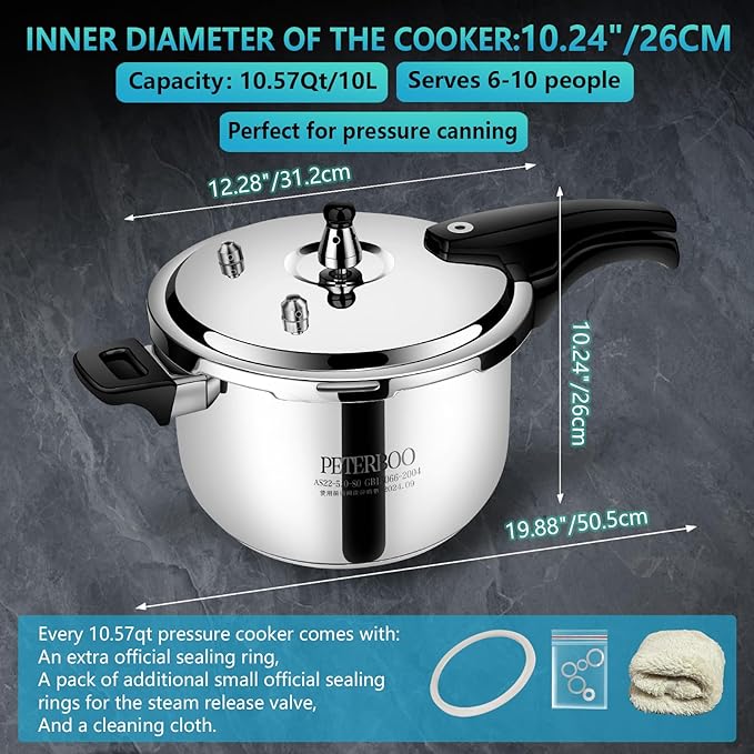 Premium 10.57 Quart Stainless Steel Pressure Cooker, Commercial Grade Luxury Cookware, Brand Quality Durability, Professional Performance for Large Families & Events