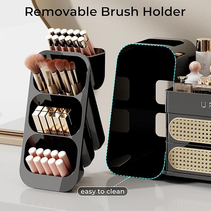 Makeup Organizer for Vanity with Brush Holder, Large Plastic Bathroom Countertop Skincare Organizer with 2 Drawers, Spacious Cosmetic Display Case for Perfumes, Eyeshadow Palettes, Nail Polishes