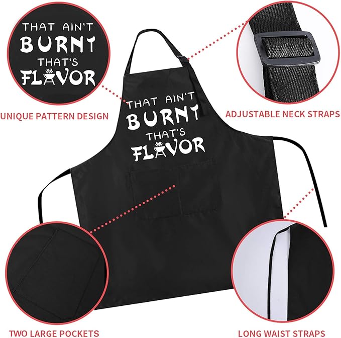 Rosoz Funny BBQ Black Chef Aprons for Men, That Ain't Burnt That's Flavor, Adjustable Kitchen Cooking Aprons with Pocket Waterproof Oil Proof Valentine's Day/Birthday