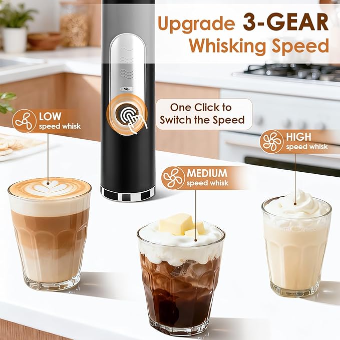 Handheld Milk Frother, rechargeable milk frother with 2 Stainless Steel Whisks 3 Speeds Electric Drink Mixer, Coffee Mixer Wand for Latte, Cappuccino, Matcha, Hot Chocolate, Egg (Black)