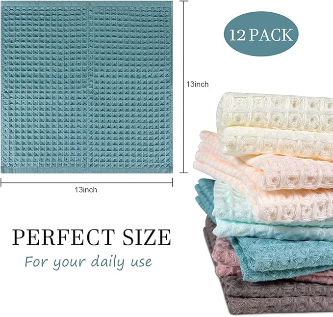 vfaejll 12 Pcs 13" x 13" Waffle Weave Kitchen Dish Cloths Set, 100% Cotton Super Absorbent Dish Towels for Washing Dishes & Drying, Multi Color