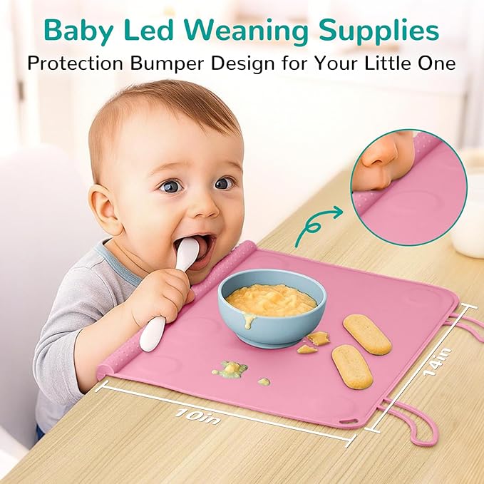 Silicone Placemat for Babygirls Eating-Out: Wipe Clean & Roll up for Outdoor - Pink Table Mat for Restaurant/Travel/On-The-Go