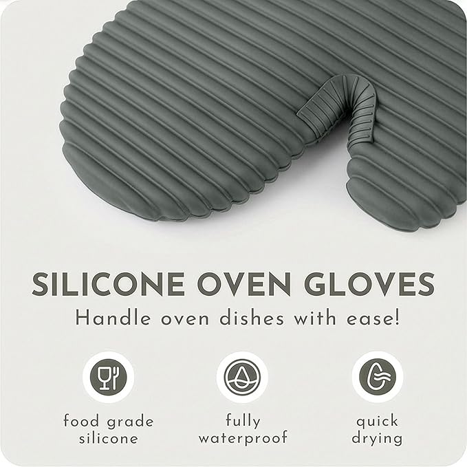Extra Long Silicone Oven Mitts and Pot Holders Sets | Heat Resistant 500°F BPA-Free Food Grade Silicone Hot Pads & Kitchen Mittens | 4-Piece Set of Oven Gloves & Potholders for Kitchens- Gray