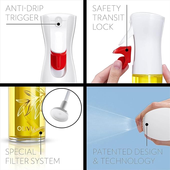 OLIVIA Signature The Original Advanced Oil Sprayer for Cooking, Salads, BBQs and More, Continuous Spray with Portion Control, Trusted by Chefs. Patented Technology. (Glass Bottle) (Golden Leaves)