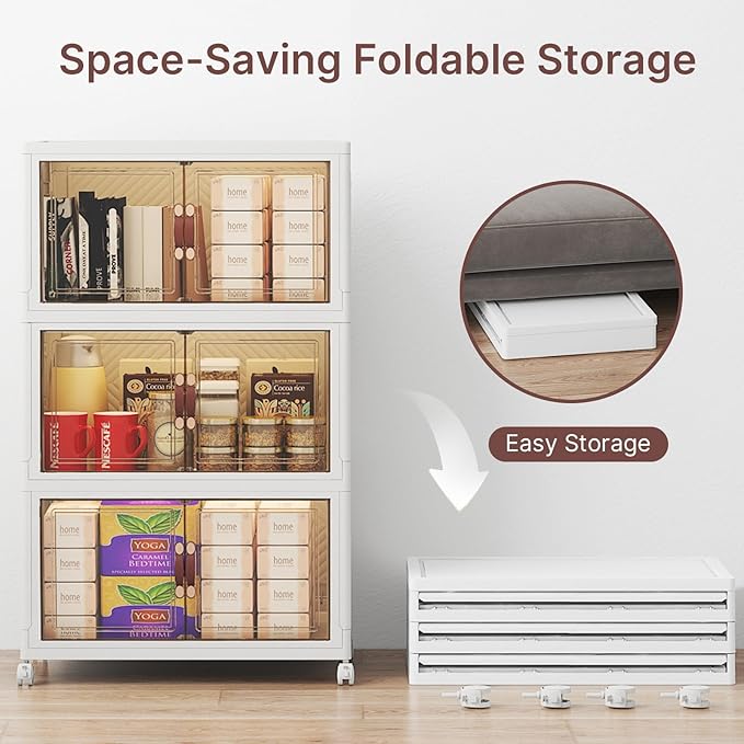UAMFURI Stackable Storage Bins with Lids, 288QT Closet Organizers, Lockable Storage Cabinet，Foldable Storage Box with Doors and Wheels, Plastic Drawers for Home, Garage, Office (6, White, Medium)