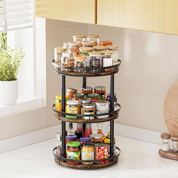LAMU 10'' Wood Lazy Susan Spice Rack Organizer, 3 Tier Spice Organization for Cabinet, Countertop, Kitchen, Table Top, Pantry, Condiment and Seasoning Rack Organizer