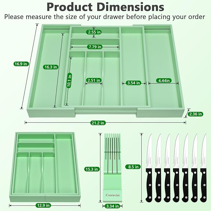 9-Piece Bamboo Kitchen Drawer Organizer Set, Expandable Silverware &Utensil Organizer with Removable Knife Block & Steak Knives, Flatware Organization, Tableware Dividers Storage(Cyan)
