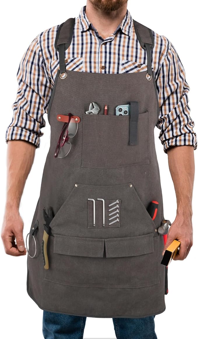 Men's Canvas Tool Apron, Heavy Duty Multi-Pocket Work Apron for Woodworking Gardening Bartender Adjustable Straps