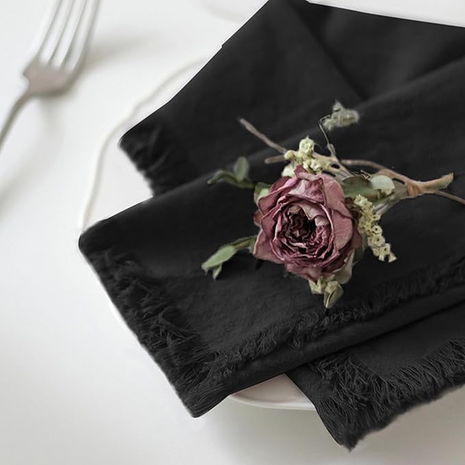 Handmade Cloth Napkins 100% Cotton Napkins with Fringe，Delicate Handmade Cloth Napkins for Dinners, Parties, Weddings and More，18 x 18 Inch Set of 4 - Black
