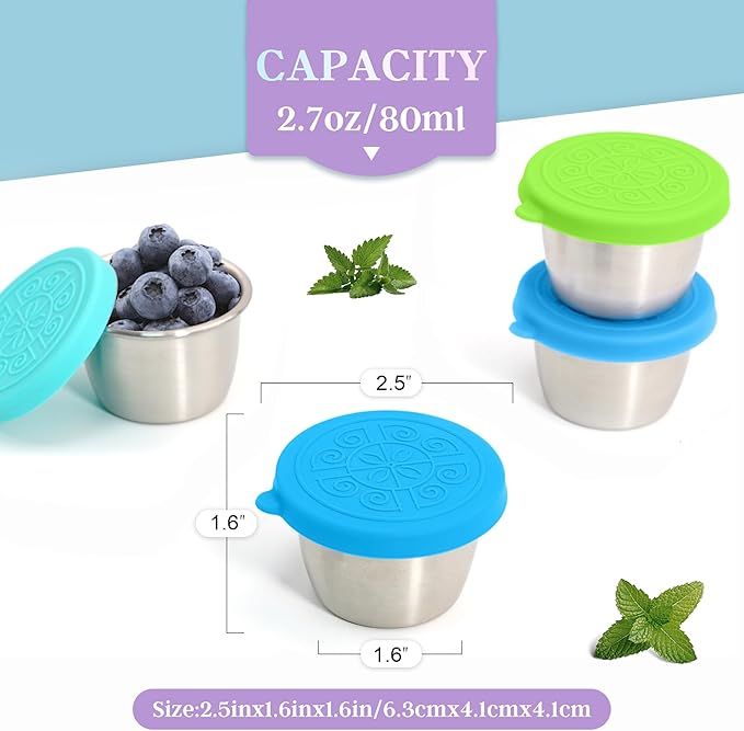 Qukaka 6x2.7 Oz Salad Dressing Container to Go,Handy Leakproof Stainless Steel Meal Prep Containers Reusable,Sauce Containers for Lunch Box, Picnics, Travel, Office and Kitchen Storage
