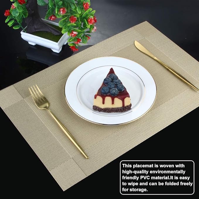 DACHUI Placemats Set of 8, Stylish Woven Place Mats for Dining Table, Washable & Durable PVC Table Mats (Gold)