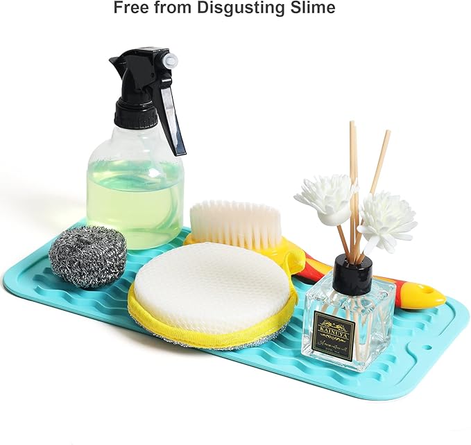 ZLR Silicone Sponge Holder & Sink Caddy Tray (6" x 12") - Narrow Dish Drying Mat for Kitchen Counter - Waterproof Soap Dispenser Organizer, Non-Slip Bathroom Vanity Tray (Mint Green)