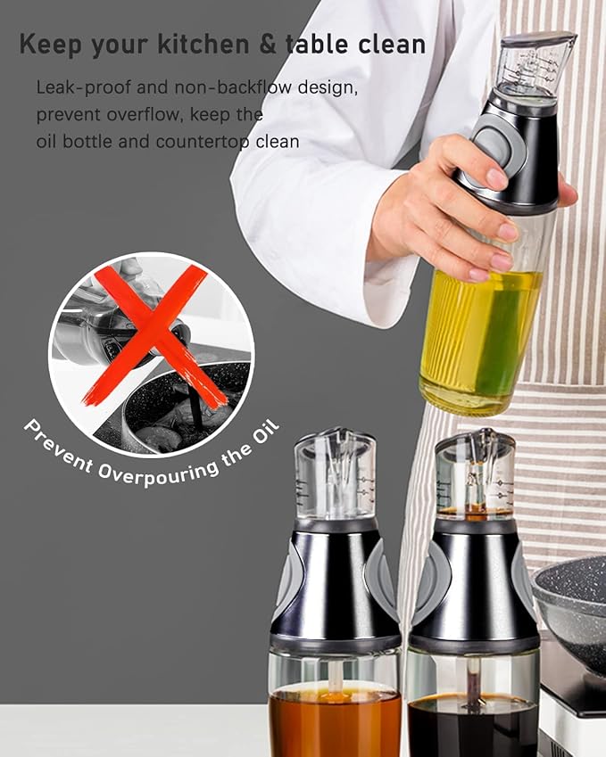 Oil Dispenser Bottle, 8.5oz Olive Oil Dispenser Oil Sprayer, Clear Glass Refillable Oil and Vinegar Dispenser Bottle with Measuring Scale Pump for Kitchen, Cooking, Salads, Baking Frying