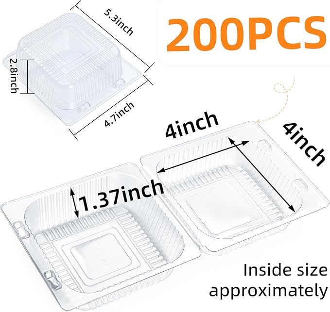Evnlo 200 Count Clear Plastic Containers with Lids for Food, Thickened Disposable Sandwich Containers Clamshell Boxes for Cake Slice, Dessert, Hamburger, Salad, Pastry, Fruits, Takeout Tray