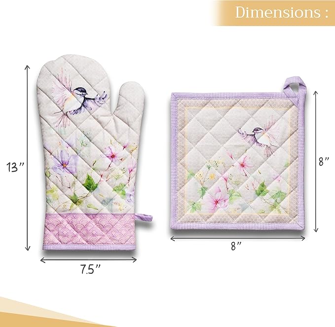 Maison d' Hermine 100% Cotton Oven Mitt & Pot Holder Set (7.5"x13" & 8"x8") Heat Resistant BBQ Cooking Gloves with Loop Grilling Kitchen Gifts for Mothers Day Spring/Summer (Magnolia Mornings)