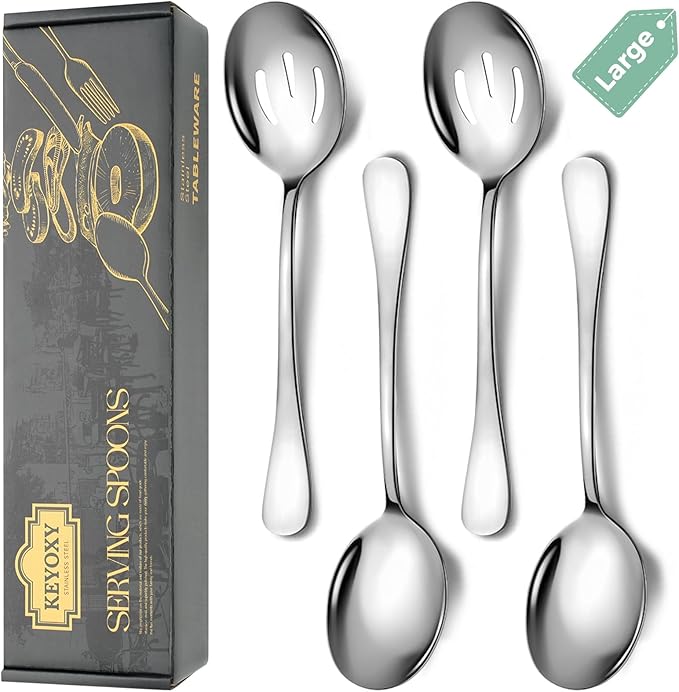 4 Piece Stainless Steel Serving Spoons Set, 10-Inch, Includes 2 Large, 2 Slotted, for Parties/Kitchen/Buffet/Catering, Dishwasher Safe