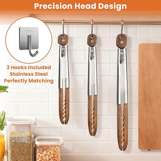 Cooking Set of 6 (3 Natural Walnut Wooden Kitchen Tongs 7",9",12",Self-Adhesive 304 Stainless Steel Hook)【Xhiver】- For Grilling, Serving, BBQ, Salad Tossing | Ergonomic Grip, Heat Resistant, Pull Lock