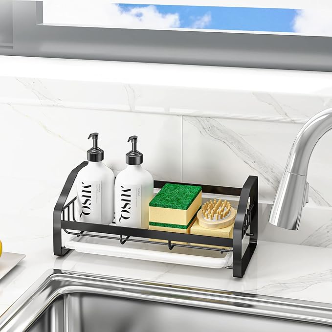 BSKSSK Sink Caddy, Sponge Holder for Kitchen and Bathroom, 304 Stainless Steel Countertop Organizer Soap Tray With Removable Drain Tray - Black Length Version