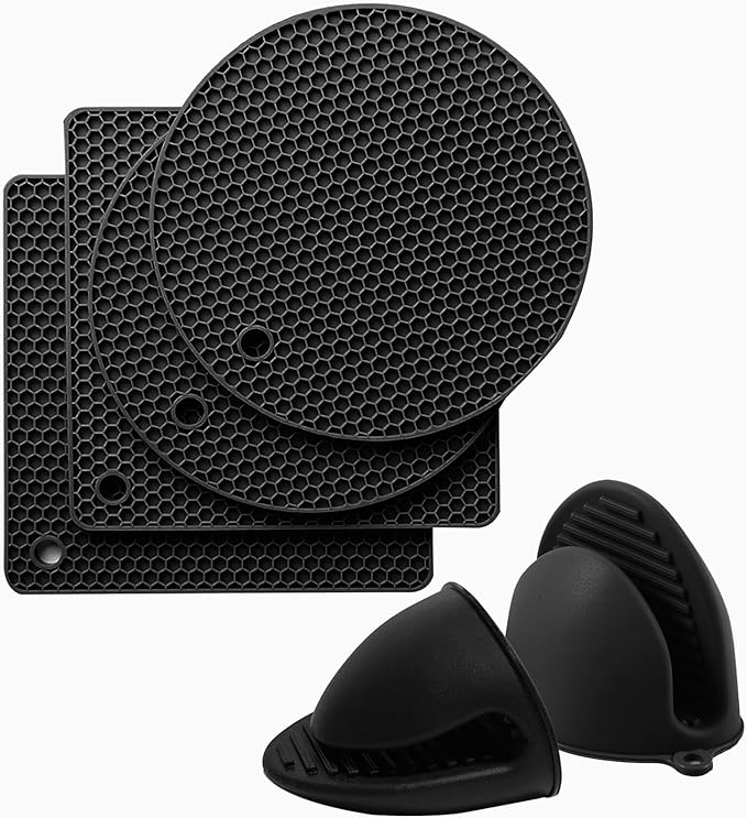 Silicone Trivet Pot Mat and Oven Mitts Sets | Heat Resistant Pot Holder and Mini Non-Slip & Flexible Oven Gloves for Kitchen Baking Cooking, Black