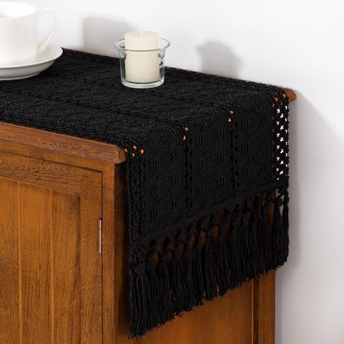 DeZerlor Boho Macrame Table Runner Spring Easter Farmhouse Woven Small Table Runner with Tassels 36 Inches Halloween Black Cotton Linen Kitchen Table Decor for Dining Dresser Home Tea Table Decor