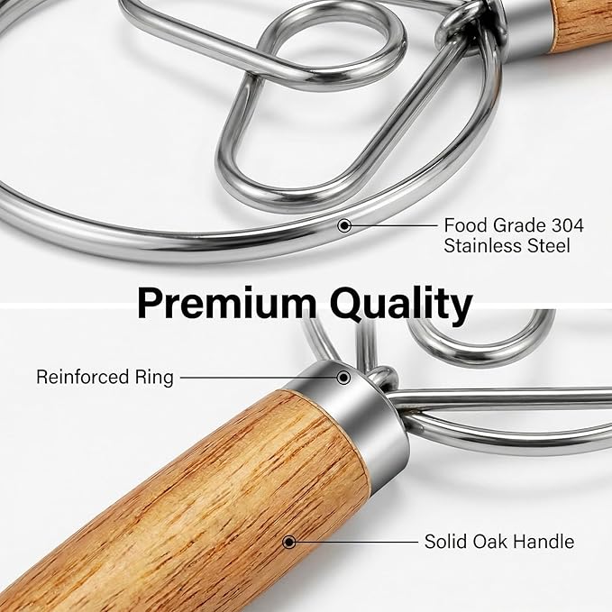 TEEVEA Danish Dough Whisk for Bread Sourdough, Wooden Handle & Stainless Steel Hook
