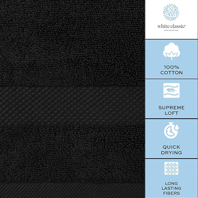 White Classic Luxury Black Bath Towels Extra Large | 100% Soft Cotton 700 GSM Thick 2Ply Absorbent Quick Dry Hotel Bathroom Towel | 27x54 Inch | Black | Set of 4
