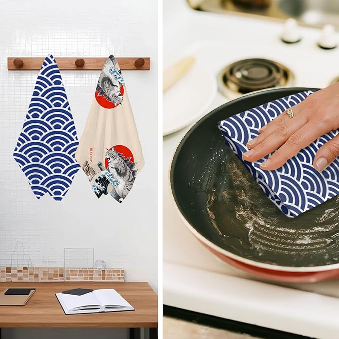 Jztco 2 Pcs Funny Japanese Cat Kitchen Towels, Japanese Wave Seamless Pattern Absorbent Microfiber Dish Cloth Tea Towel, Vintage Waffle Hand Towels for Farmhouse Home Bathroom, Cat Lover Gifts