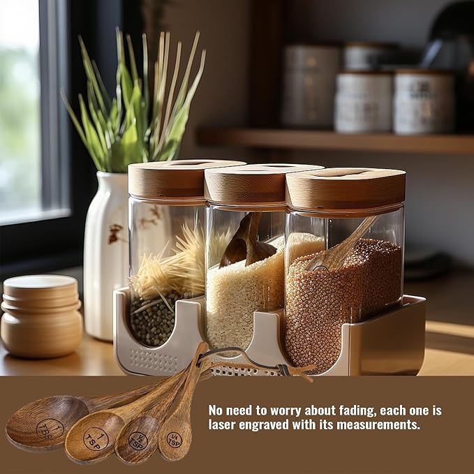Wooden Measuring Cups and Spoons Set - Eco-Friendly Solid Acacia Wood, Laser Engraved Measurements, Perfect for Baking & Cooking - Ideal for Bakers, Chefs & Home Cooks（brown）
