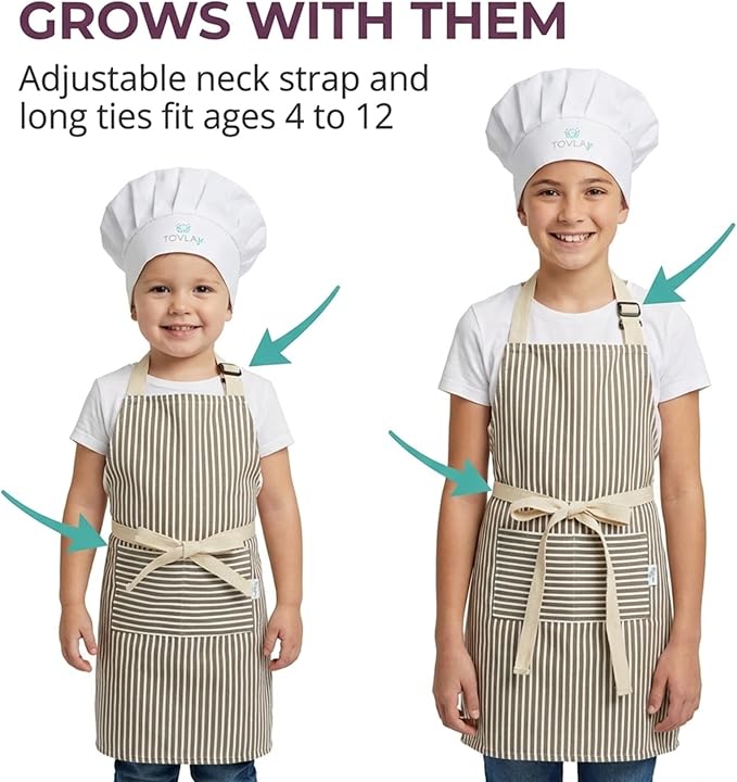 TOVLA JR. Apron Gift Set for Kids with Pocket for Boys and Girls, Comfortable Cotton Canvas for Baking and cooking