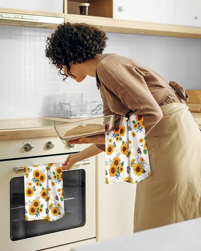 Miss Adola Flour Sack Kitchen Towels - Set of 2 Spring Dish Towels with Hanging Loop 18x26 Inch Absorbent Reusable Cotton Cloths for Cleaning Cute Design Home Decorative Housewarming, Sunflower