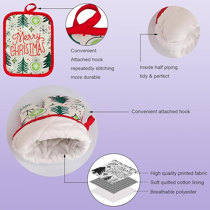 Oven Mitts and Potholders Dish Towles Set 100% Cotton for Perfect for Gifting, Baking and Everyday Cooking Durable Heat Resistant for Kitchen (5-Piece Merry Christmas)