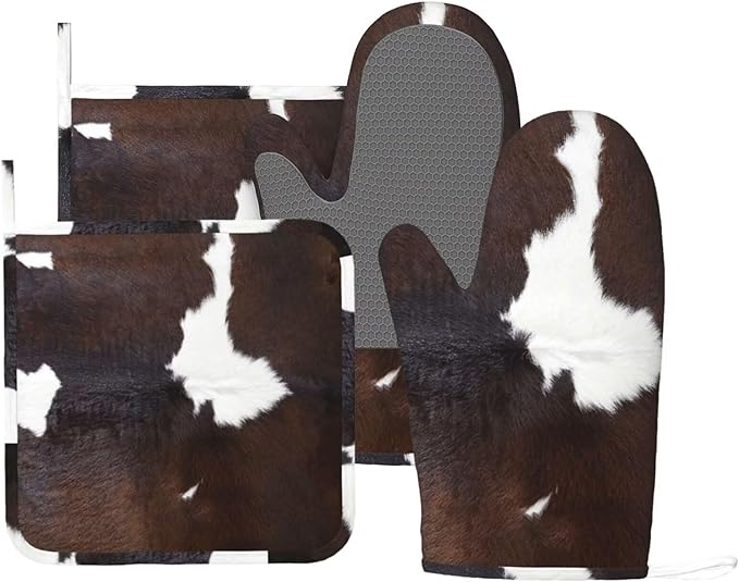 Cow Skin Print Oven Mitts and Pot Holders 4 pcs Set Silicone Brown Cow Print Kitchen Oven Mitt Gloves Pot Holders Non-Slip Heat Resistant Cooking Mitts Set for Kitchen Baking Grilling BBQ