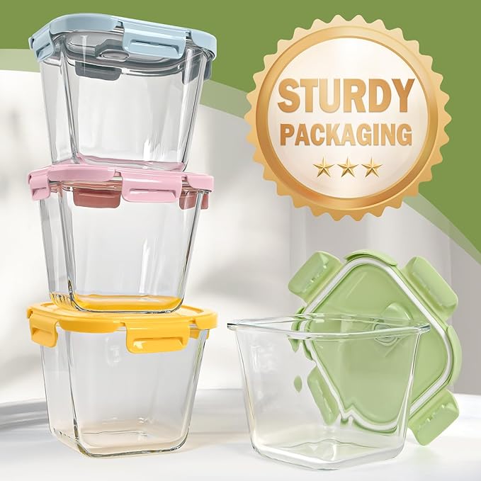 Glass Soup Containers with Lids 32oz - Borosilicate Glass Storage Containers 4 Cup, Freezer to Microwave Safe, Airtight Leak Proof, Square Meal Prep Containers for Lunch Travel- 4 Pack