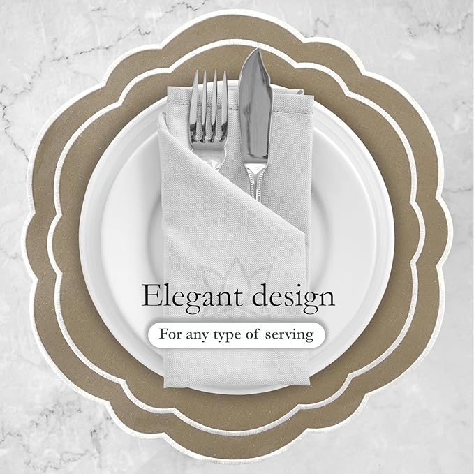 Round Placemats Set of 4, Cotton Linen- Double Layered, Luxury Scalloped Embroidered Cloth Table mats, 16 inch, Washable Fabric Dining Placemat (Beige)