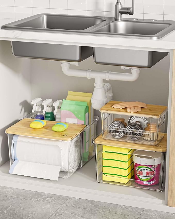 iCASA Trash Bag Dispenser Holder - 3 in 1 Acrylic Plastic Garbage Bag Pantry Organizer, Clear Large Laundry Pods Container with Lid, Stackable Under Sink Kitchen Laundry Room Organization and Storage