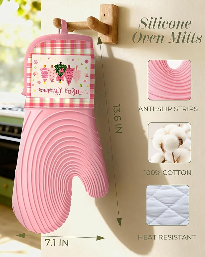 Slohif Long Silicone Oven Mitts Heat Resistant for Women - 2 Pcs Christmas 100% Cotton Oven Gloves, Non-Slip and Waterproof Silicone Oven Mitts with Hanger for Baking and Cooking