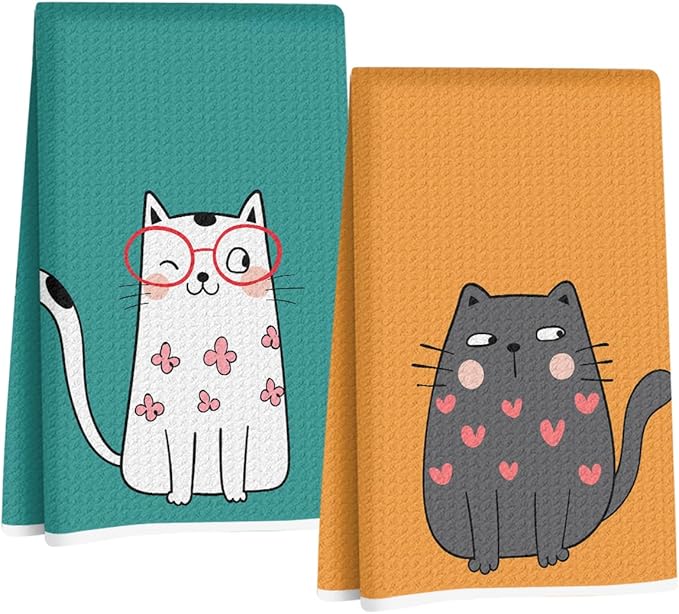 Jztco 2 Pcs Cute Cat Kitchen Towels, Cats Gifts Reusable Hand Tea Towel, Microfiber Dish Cloths for Drying Dishes, Waffle Dish Towels for Kitchen Home Decor, Cat Lover Gifts for Women Mom