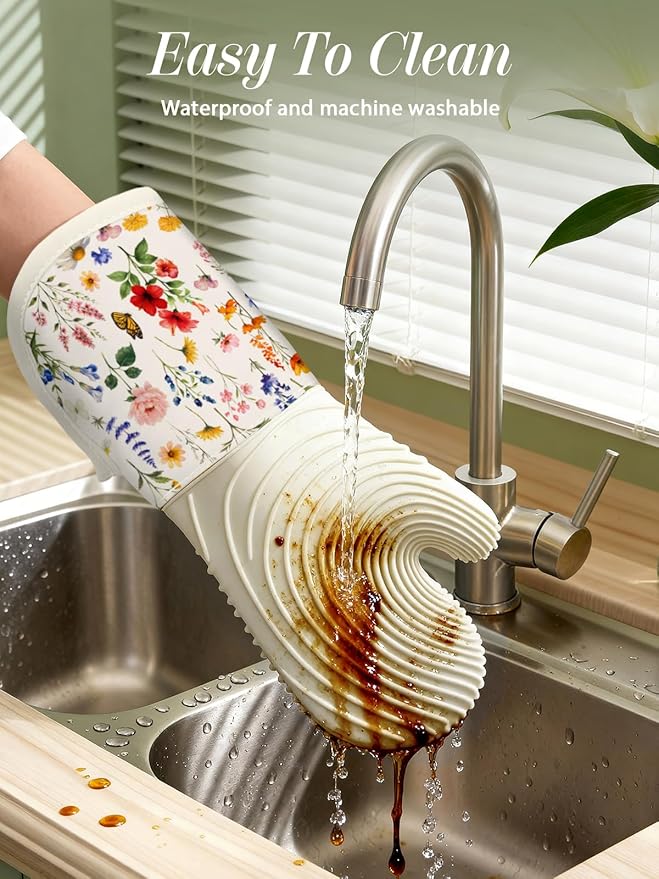 Slohif Long Silicone Oven Mitts Heat Resistant for Women - 2 Pcs Red Flower 100% Cotton Oven Gloves, Non-Slip and Waterproof Silicone Oven Mitts with Hanger for Baking and Cooking