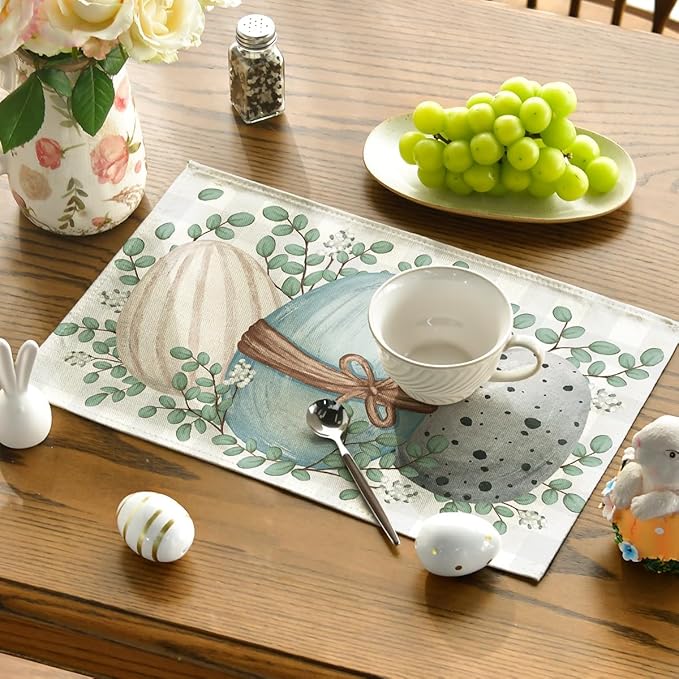 Artoid Mode Eucalyptus Eggs Easter Placemats Set of 4, 12x18 Inch Spring Seasonal Table Mats for Party Kitchen Dining Decoration