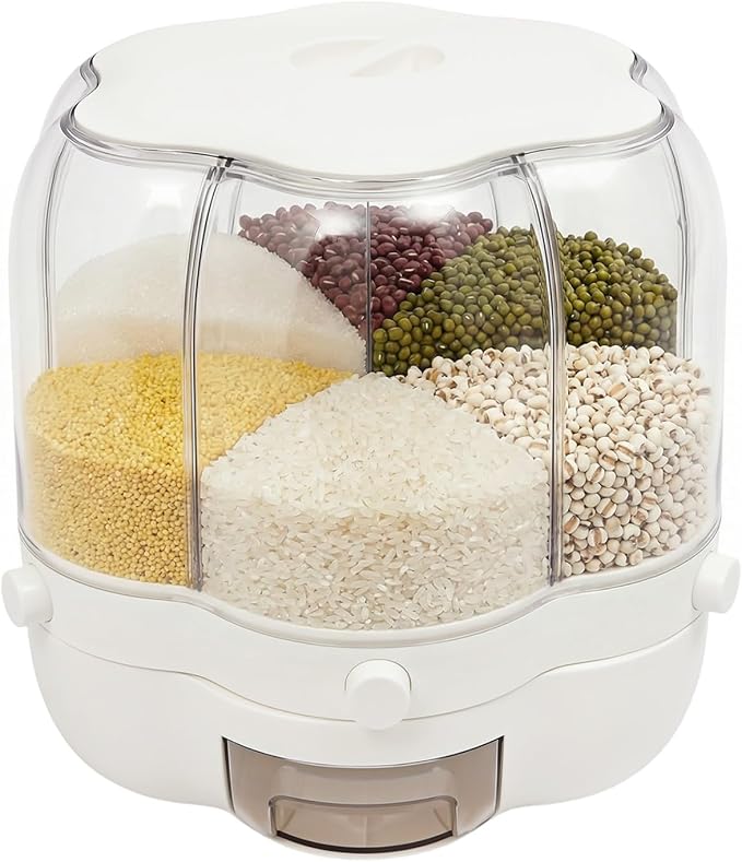 Rice Dispenser, 6 Grid 360° Rotating Rice Container Cereal Dispenser with Lid, Grain Storage Organizer Cereal Holder for Kitchen Countertop Dry Food, White, 8kg/18lbs