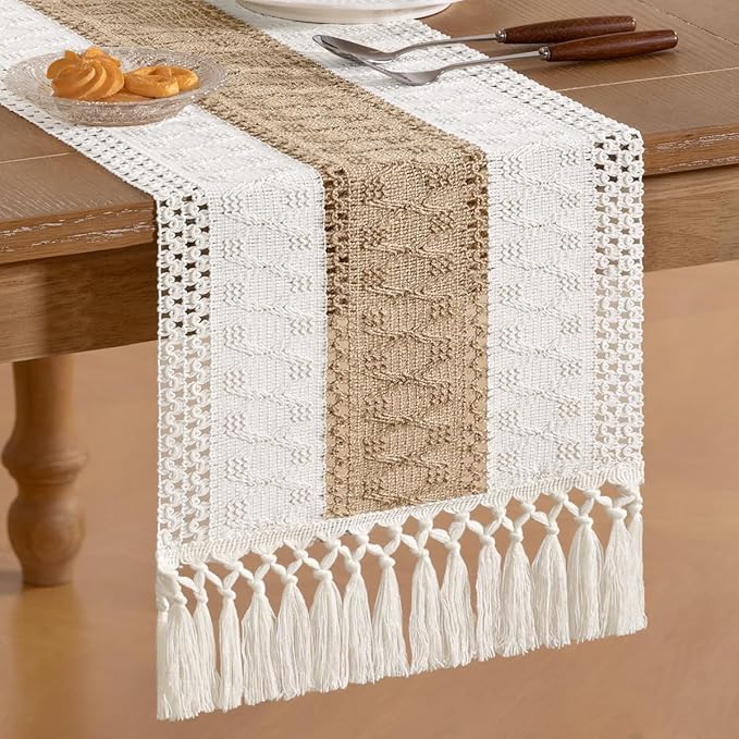 Socomi Boho Table Runner Easter Spring Farmhouse Rustic Dining Kitchen Centerpiece Decor Small Macrame Woven Cotton Linen Coffee Table Runner for Dresser Scarf Home Decor 12x108 inch